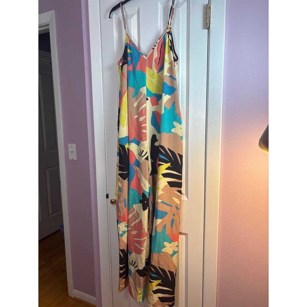 Luukse Tropical Floral Wide Leg Jumpsuit V-Neck Spaghetti Strap Multicolor L
